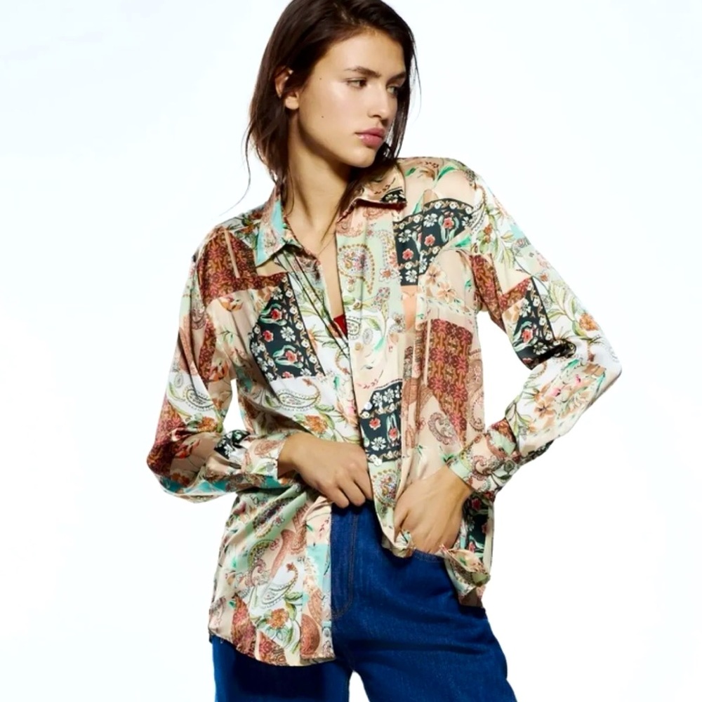 Zara Paisley Boho Satin Button Down Blouse Multicolor Patchwork Floral Top Sz M